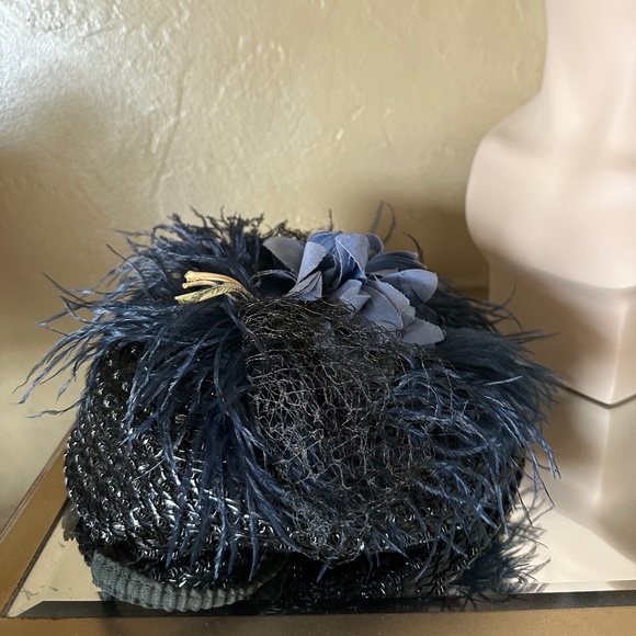 SULTRY 1930s\' BLACK STRAW TILT HAT - OSTRICH FEATHER TRIM + BLUE FABRIC FLOWERS main image 6